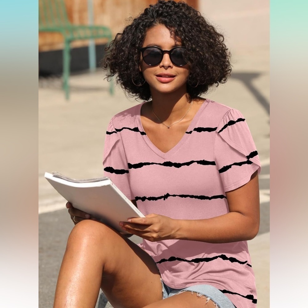 🦋 Pink and Black Striped Women's Top Casual Comfy Stretch Soft XXL